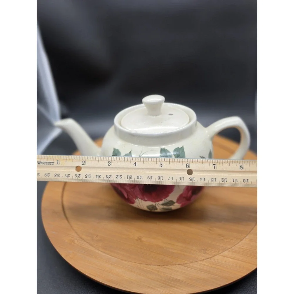 Vintage Hand-Painted Porcelain Teapot –‎ Vibrant Red Cabbage Roses & Peonies